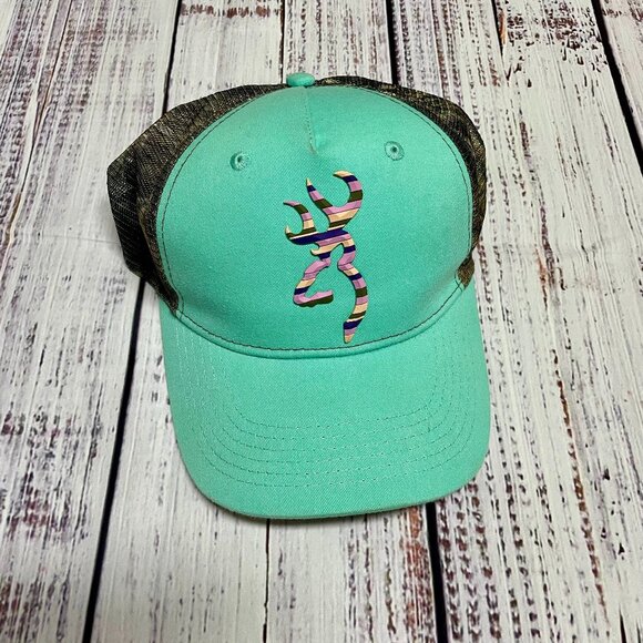 Browning | Turquoise/Camo Ball Cap w/Pink + Yellow Logo | Adjustable Fit - Picture 1 of 3